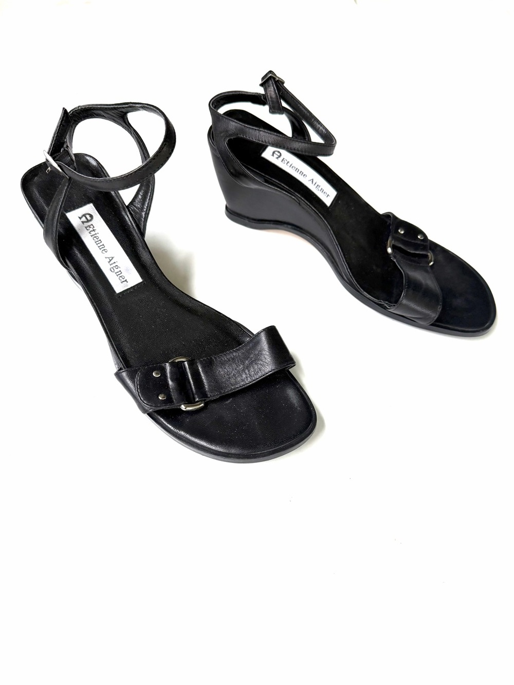 Etienne Aigner Size 7.5 Black Leather Low Wedge Sandals Ankle Strap